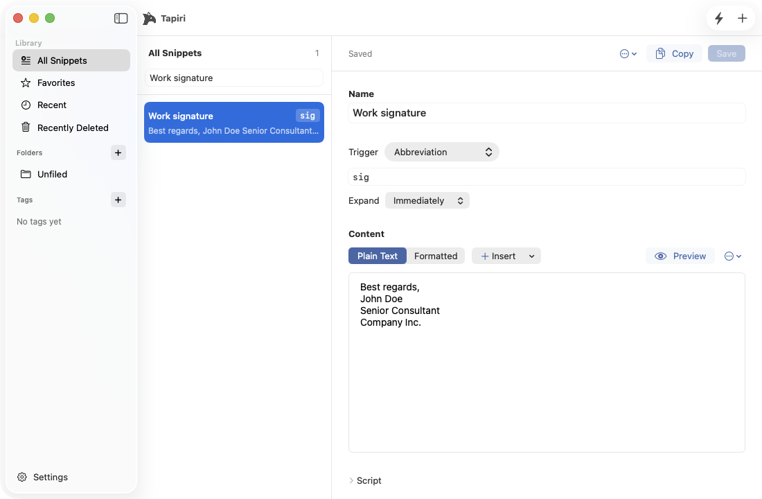 Tapiri’s snippet editor showing a saved work signature and its sig abbreviation